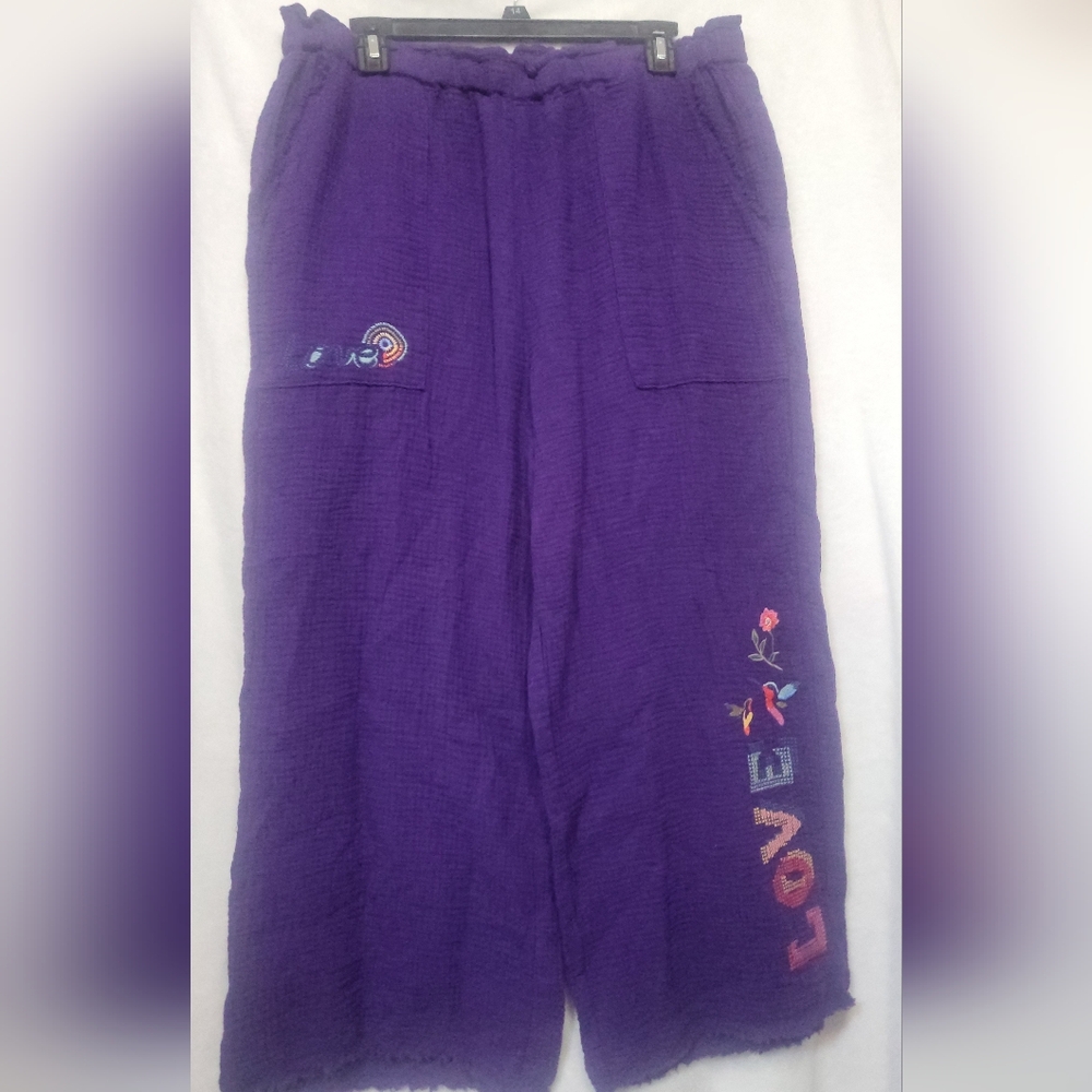 Johnny Was Biya Pants Womens L Cross-Stitched Love +Birds Pockets Wide-leg Boho